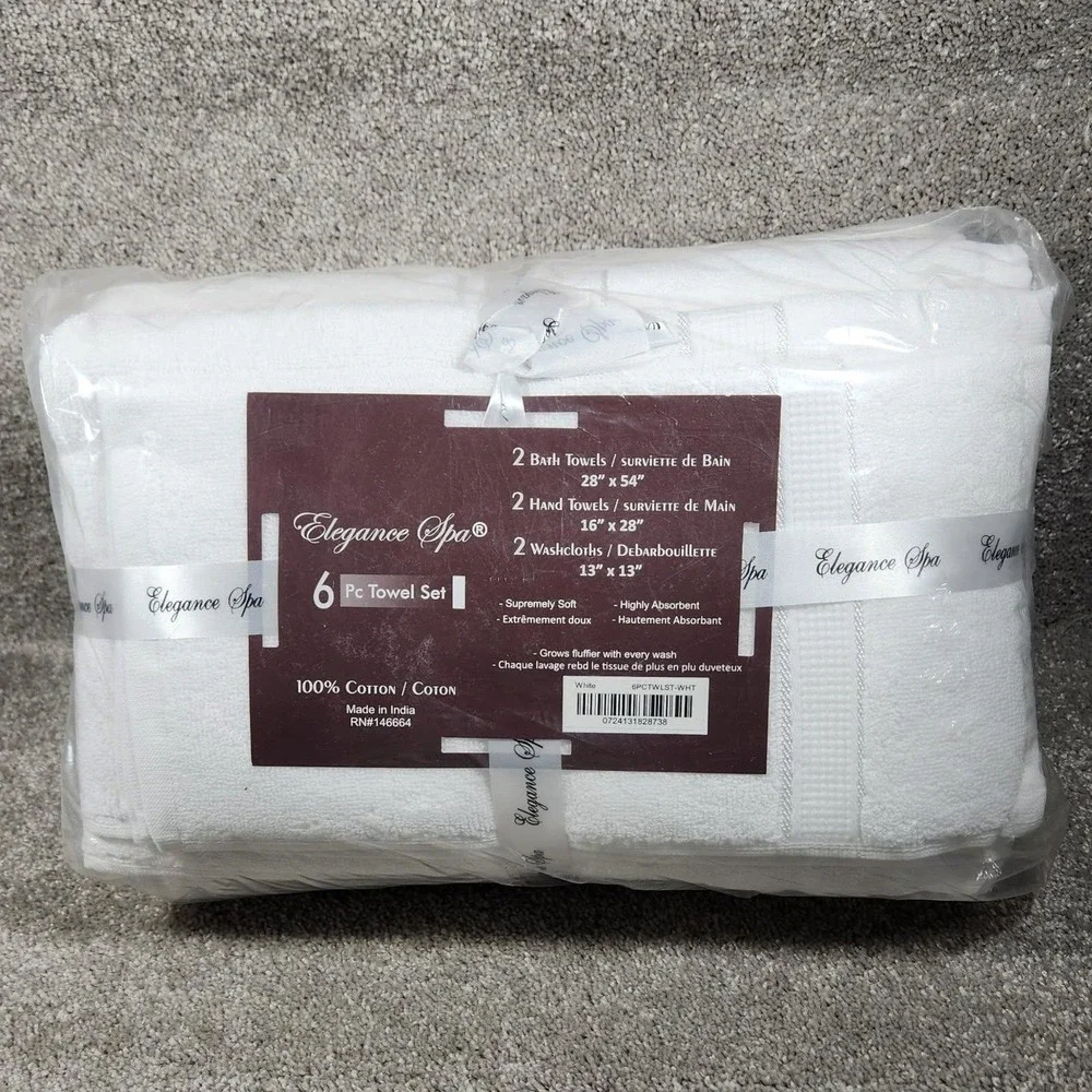 Elegance Spa 6 Pc Towel Set White 100% Cotton Soft Absorbent‎ Bathroom